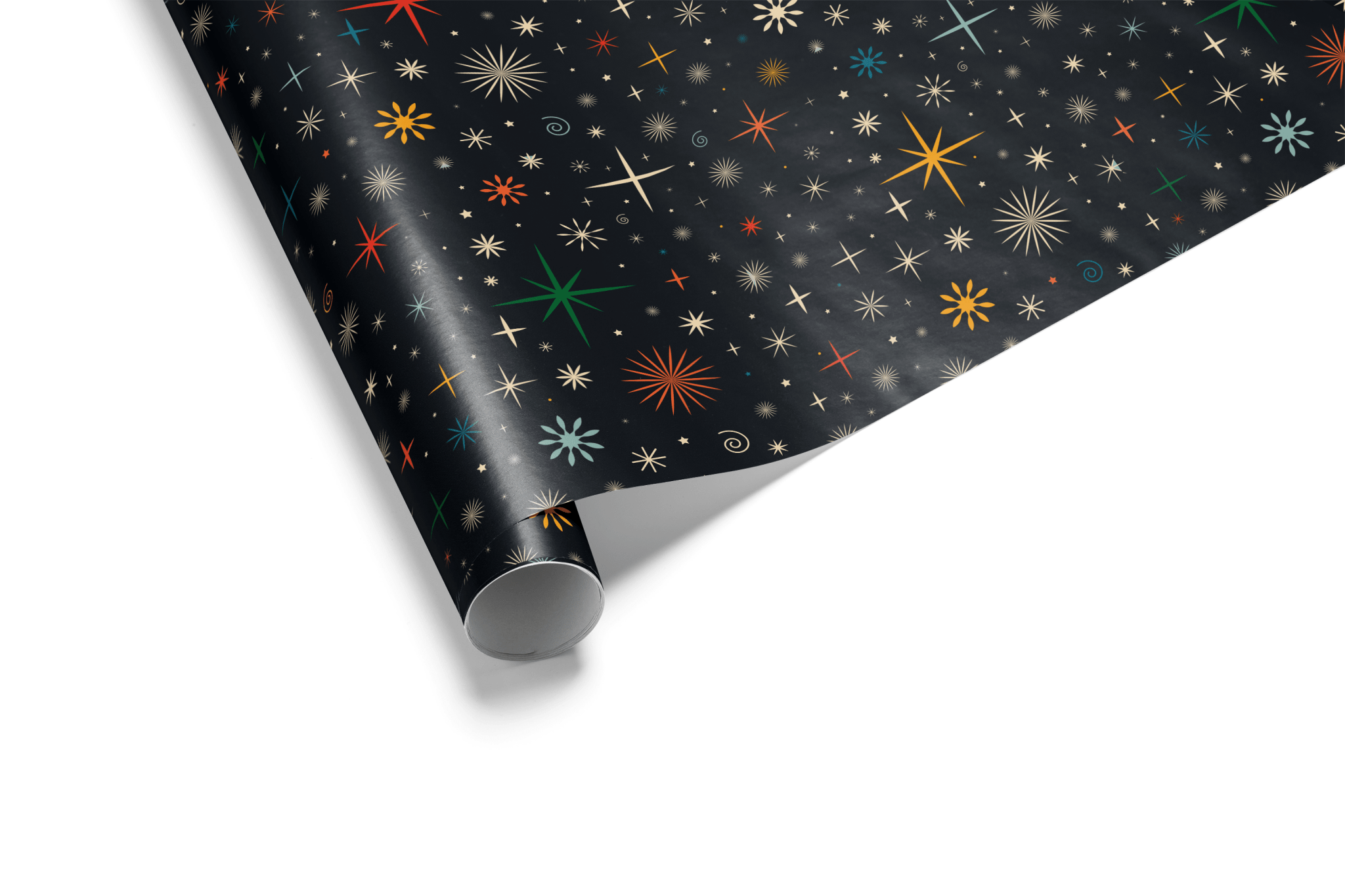 Retro Christmas wrapping paper with colorful starburst patterns on black background.