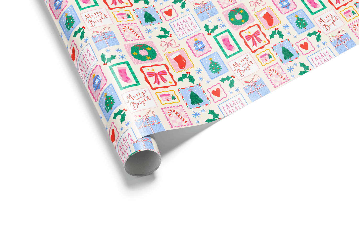 Christmas wrapping paper with colorful holiday stamps featuring trees, stockings, holly, and bows.