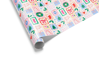 Christmas wrapping paper with colorful holiday stamps featuring trees, stockings, holly, and bows.