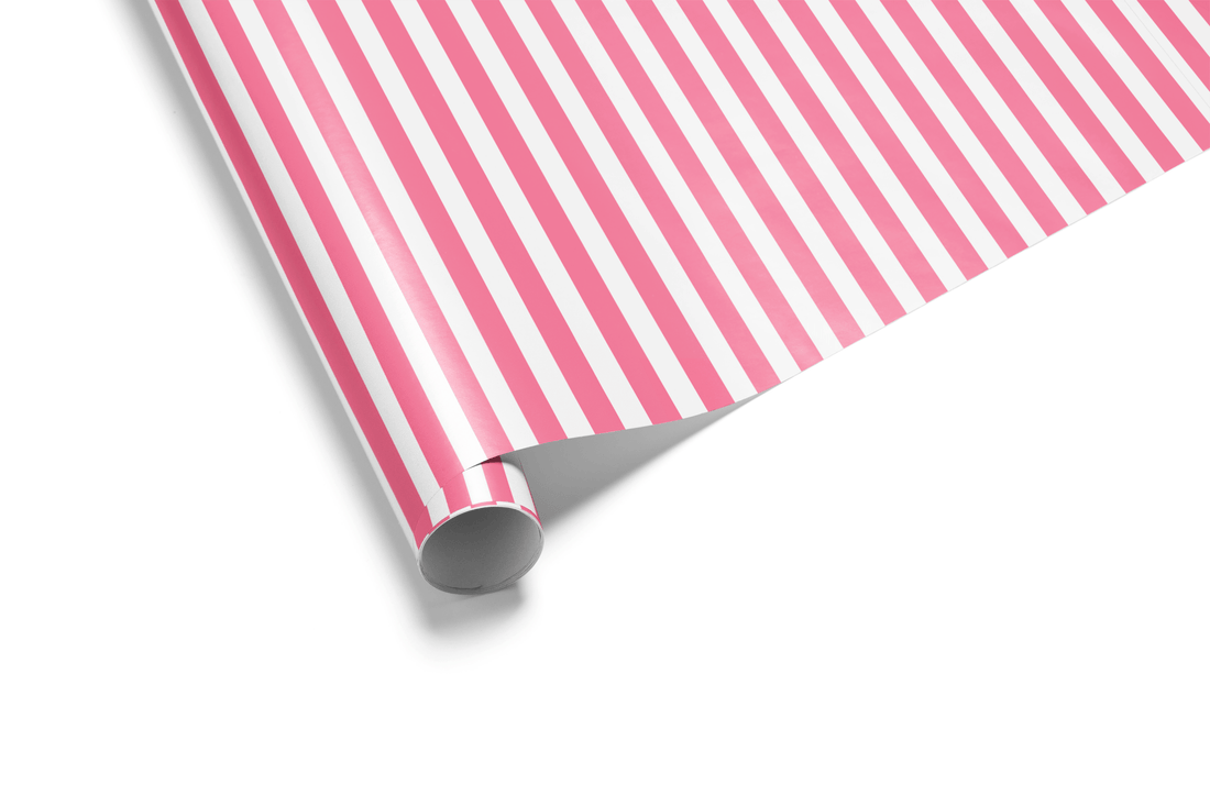 Pink and white striped wrapping paper for birthdays, baby showers, and gender reveals.