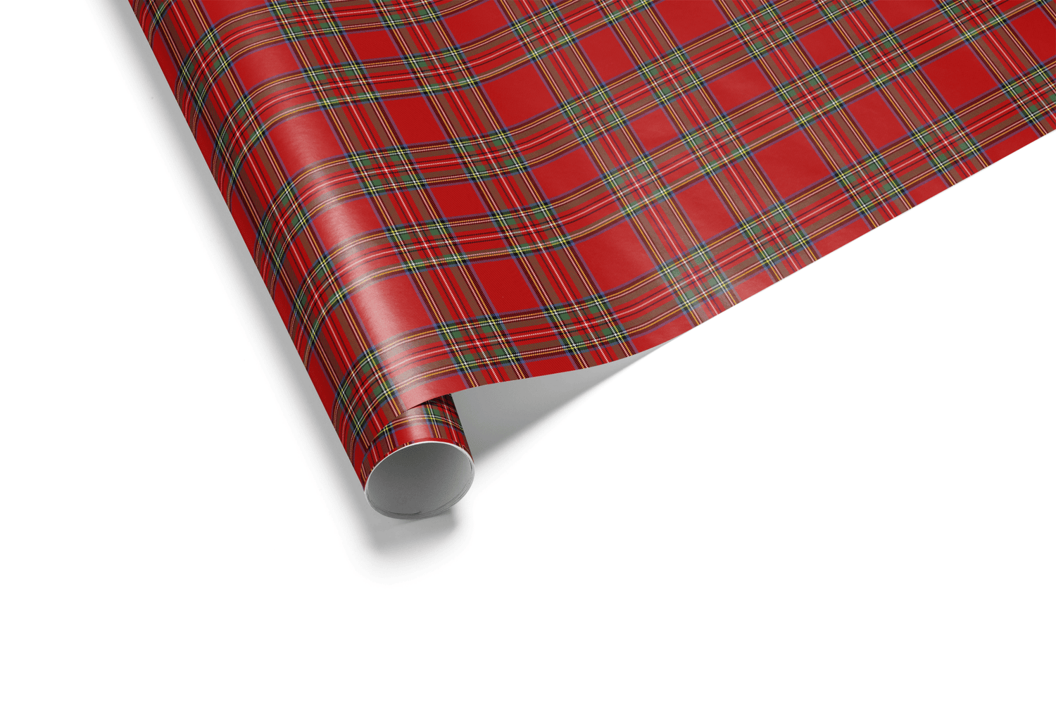 Red plaid Christmas wrapping paper with green, yellow, and white accents for holiday gifts.