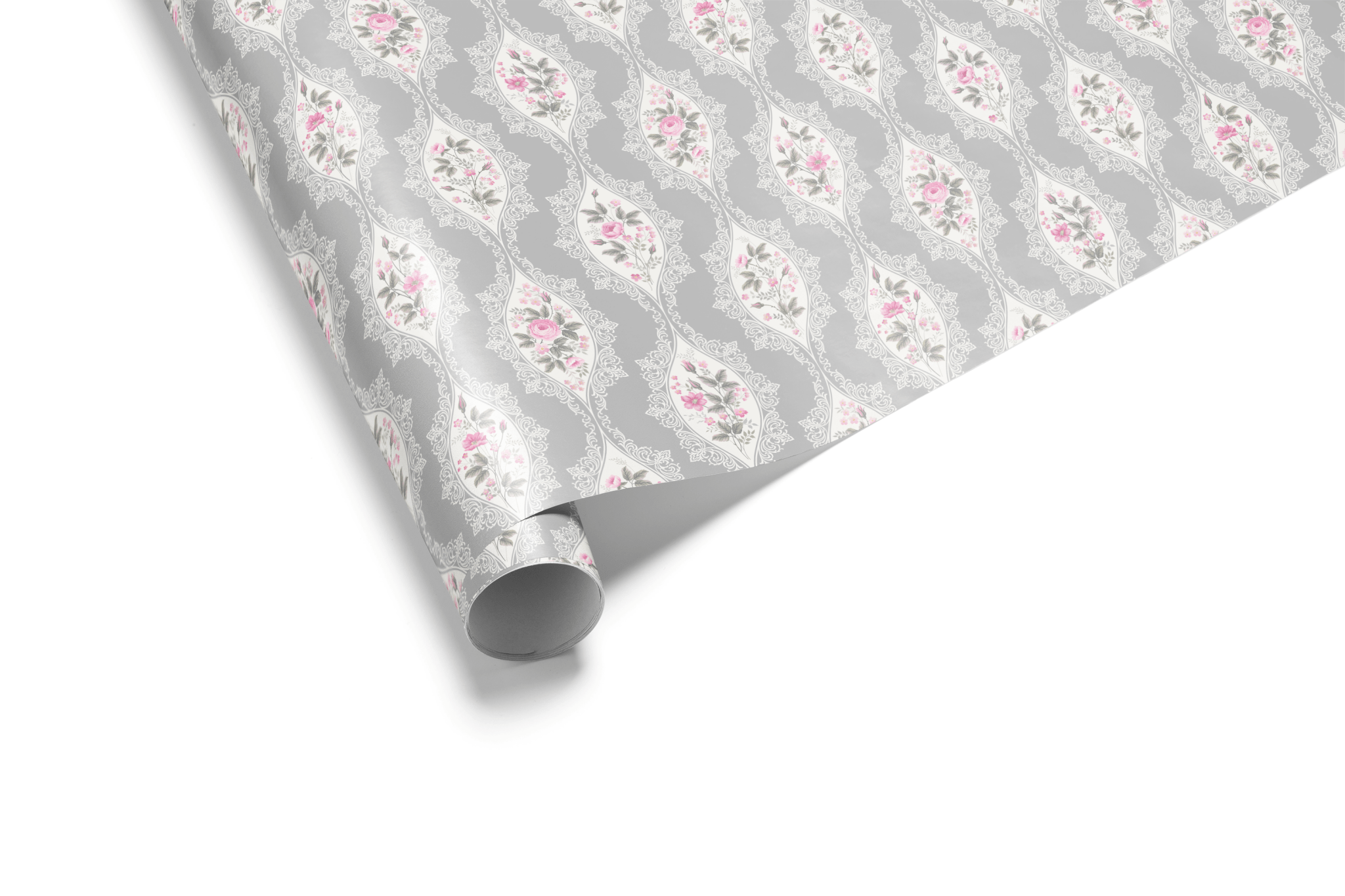 Gray shabby chic wrapping paper with pink floral medallion design for weddings, anniversaries, and bridal showers.