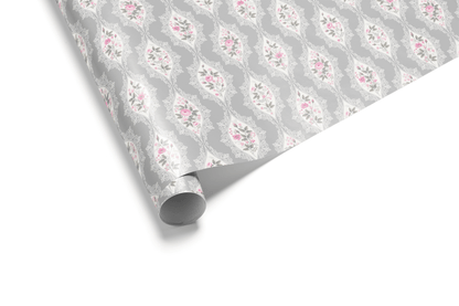Gray shabby chic wrapping paper with pink floral medallion design for weddings, anniversaries, and bridal showers.