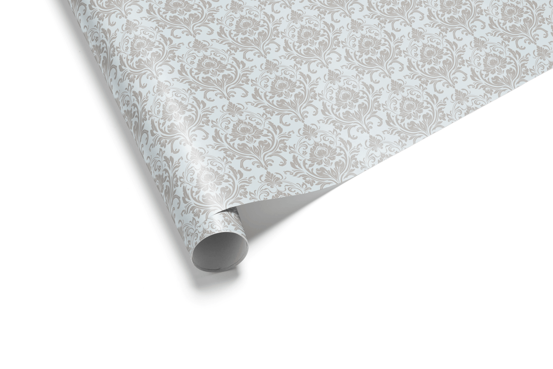 Light gray wrapping paper with a dense, repeating tone-on-tone Damask pattern of intricate floral motifs, ideal for wedding wrapping paper and luxury gift wrap.