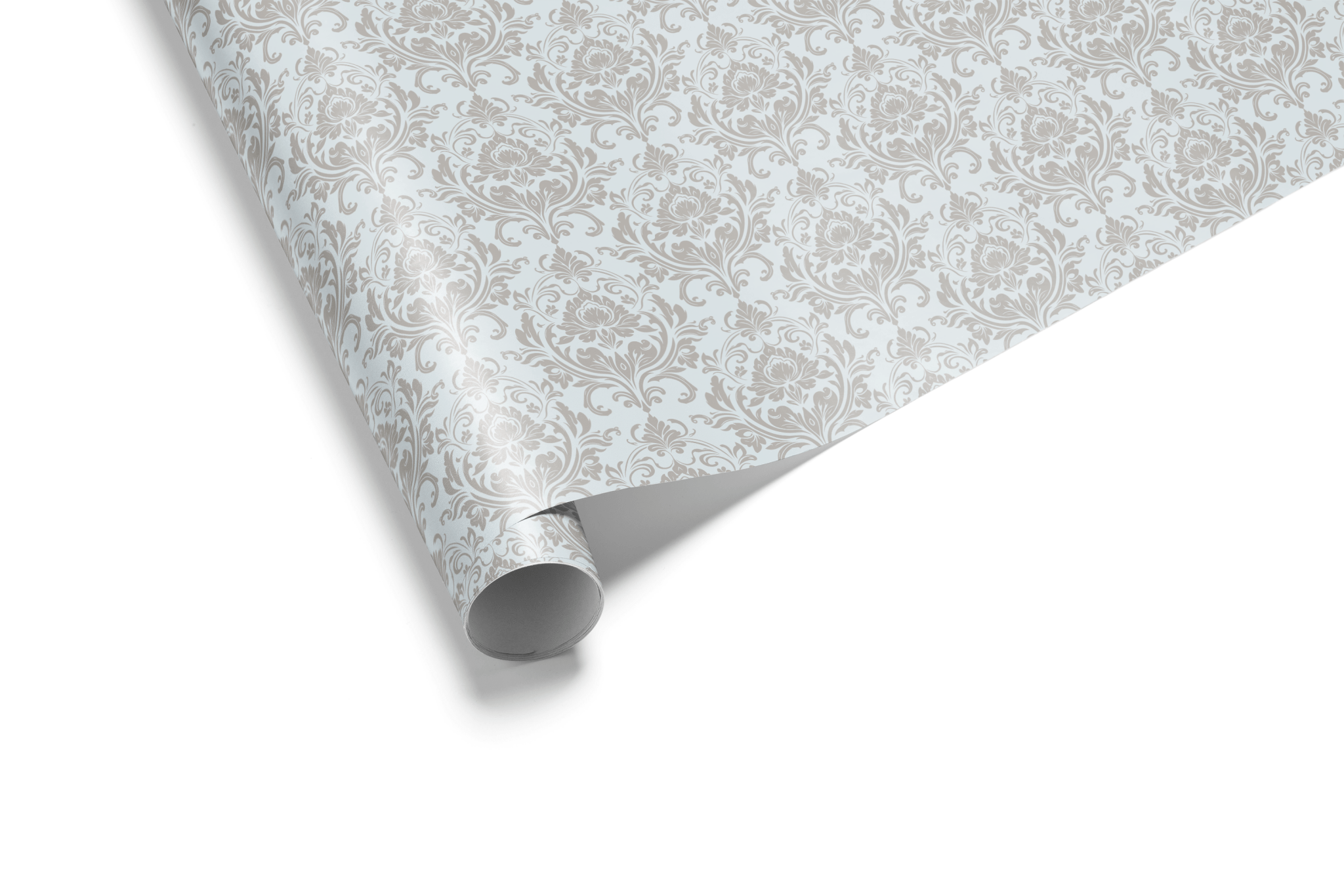 Light gray wrapping paper with a dense, repeating tone-on-tone Damask pattern of intricate floral motifs, ideal for wedding wrapping paper and luxury gift wrap.