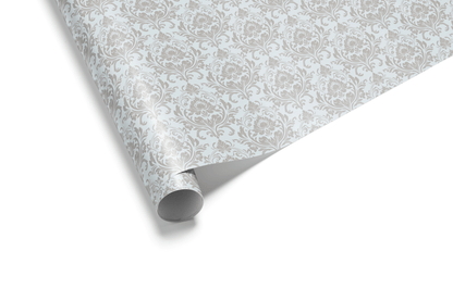 Light gray wrapping paper with a dense, repeating tone-on-tone Damask pattern of intricate floral motifs, ideal for wedding wrapping paper and luxury gift wrap.