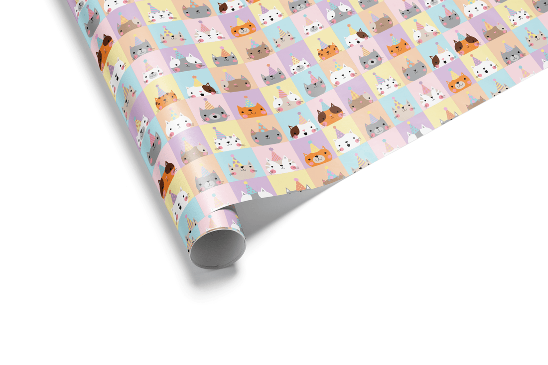 Pastel checkerboard wrapping paper with a dense mosaic of small, colorful cartoon cat faces wearing party hats, ideal for cat birthday wrapping paper.