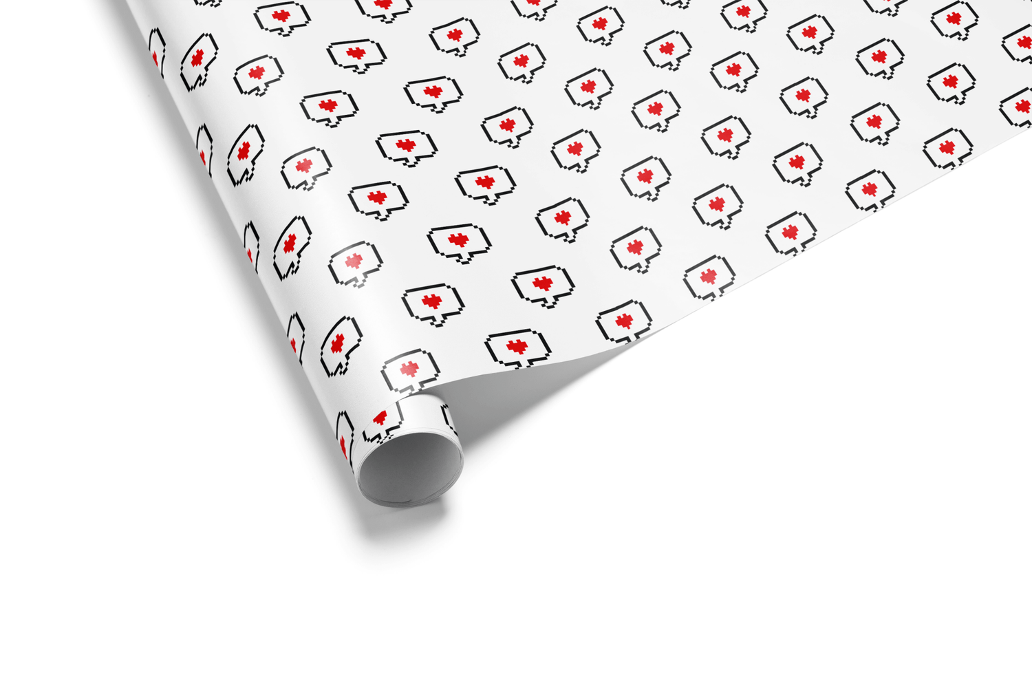 White wrapping paper with a dense, repeating pixel-art pattern of social media &quot;like&quot; icons (speech bubbles with red hearts), ideal for Valentine&