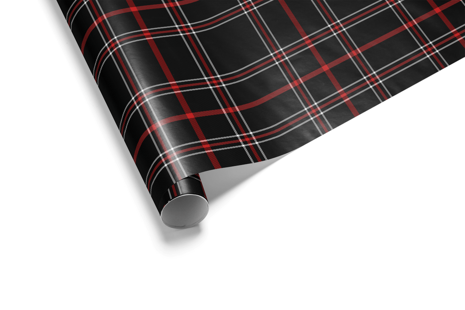 Solid black Christmas wrapping paper with a pattern of thin red and white lines forming a tartan plaid, ideal for gothic Christmas wrapping paper and modern wrapping paper.