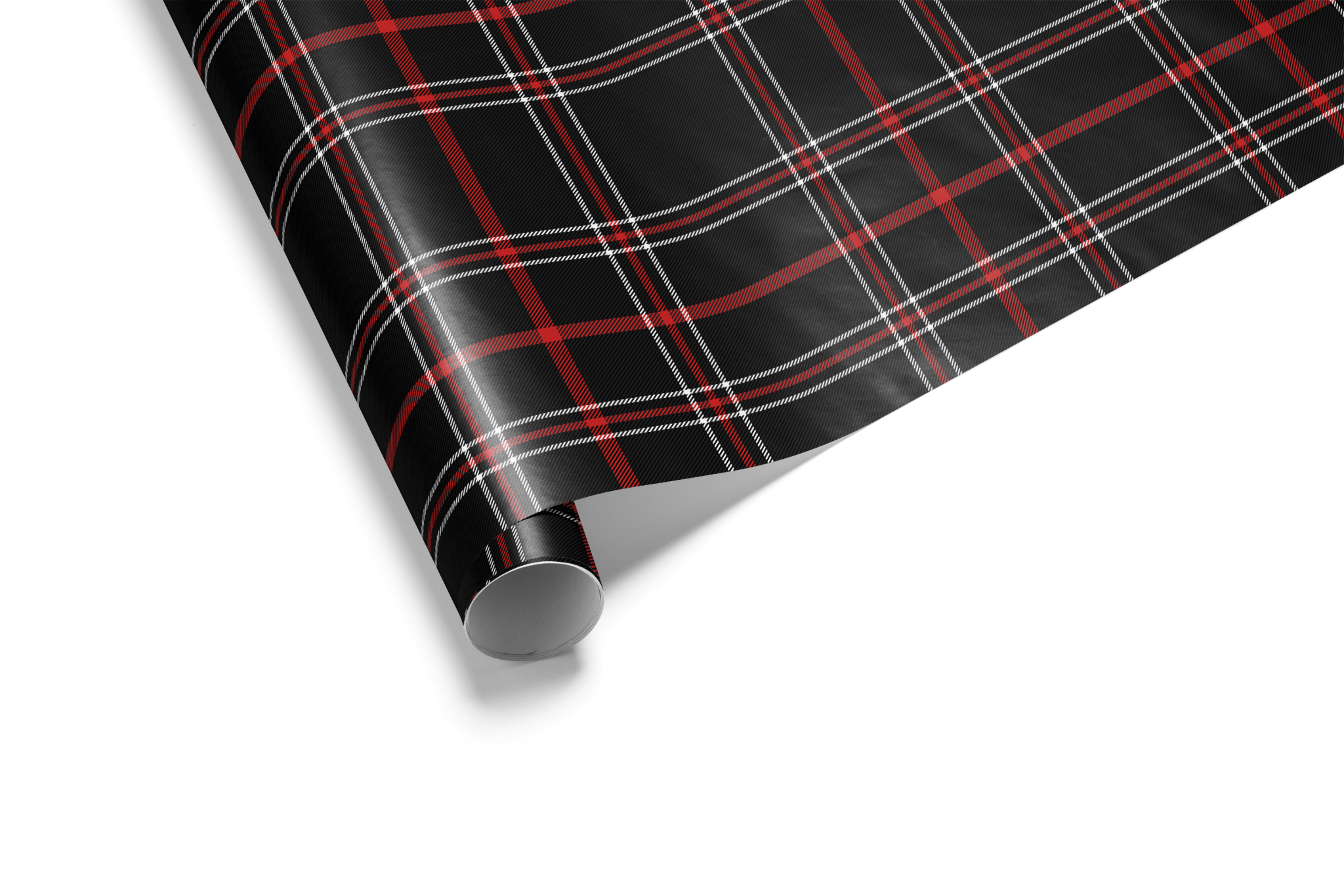 Solid black Christmas wrapping paper with a pattern of thin red and white lines forming a tartan plaid, ideal for gothic Christmas wrapping paper and modern wrapping paper.