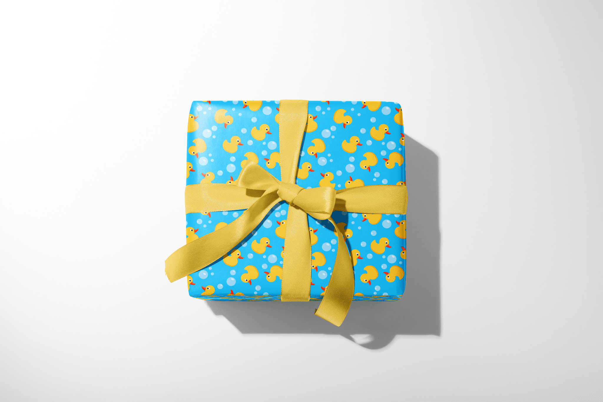 gift box wrapped in rubber duck gift wrap.