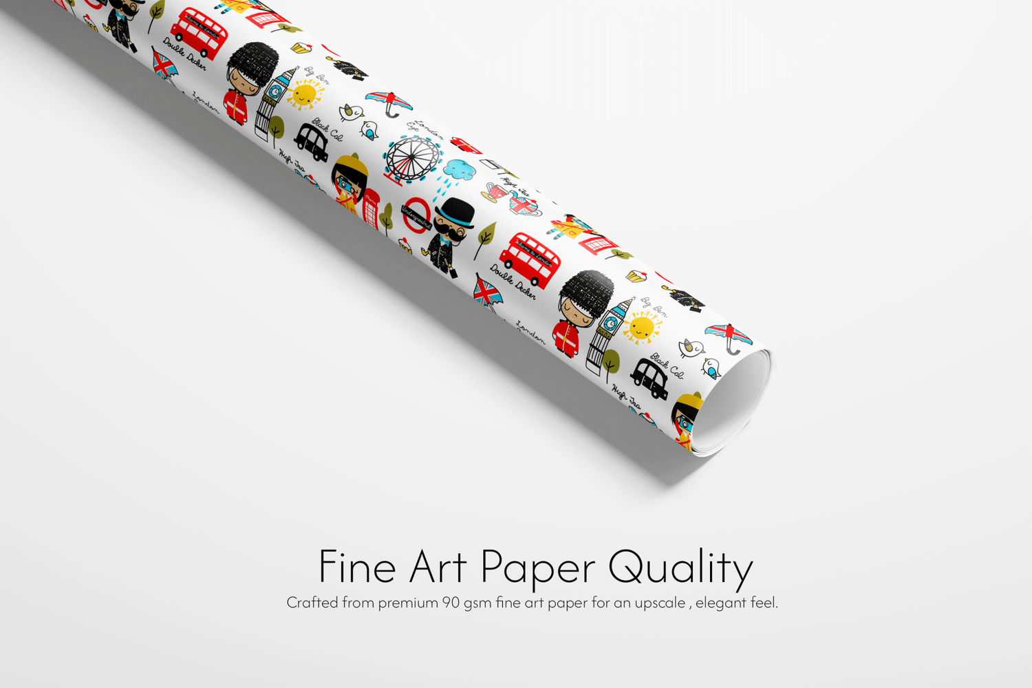 Roll of paper with colorful designs on a white background