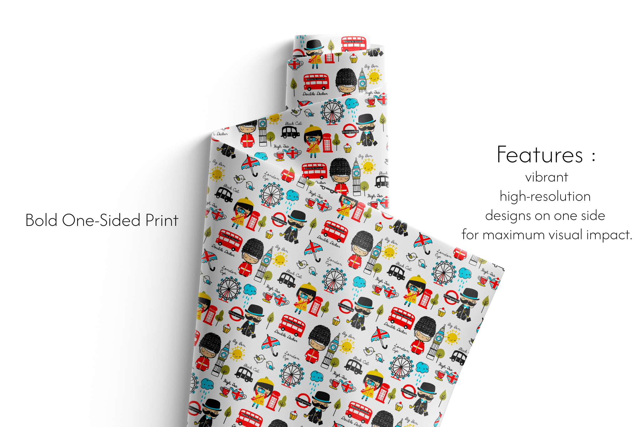 London themed wrapping paper with red buses and King&