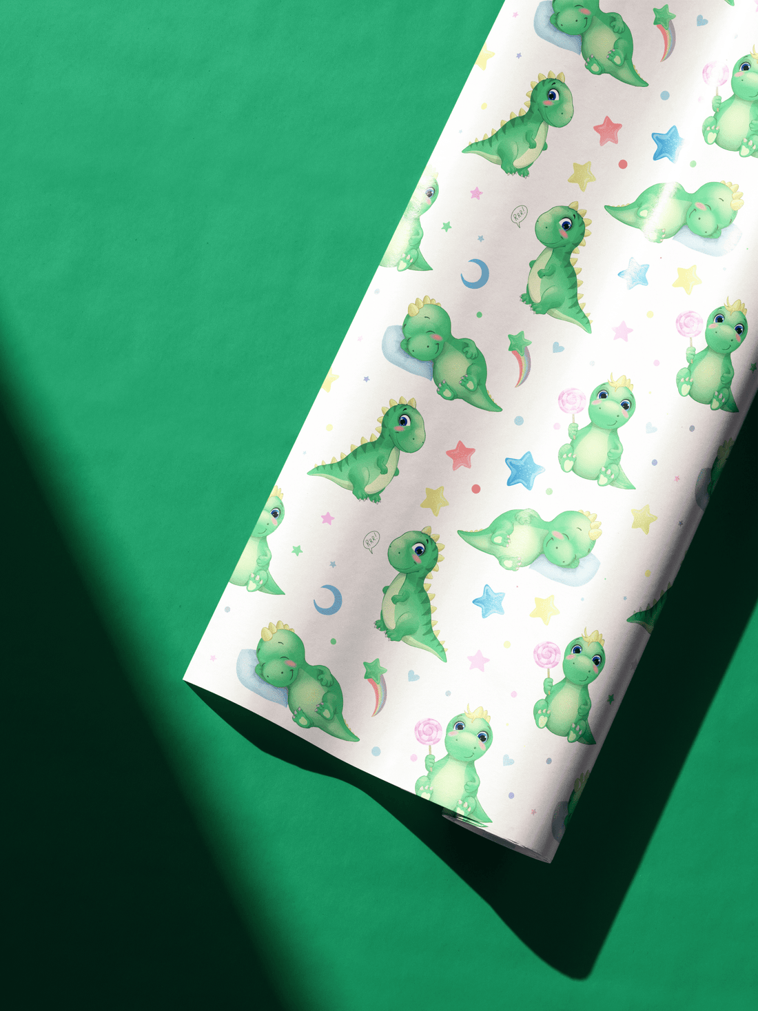Premium gift wrapping paper featuring a dinosaur wrapping paper design with cute green characters and stars.