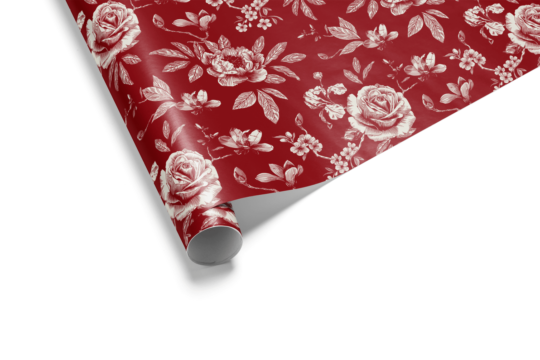 Roll of floral-patterned paper with white flowers on a red background