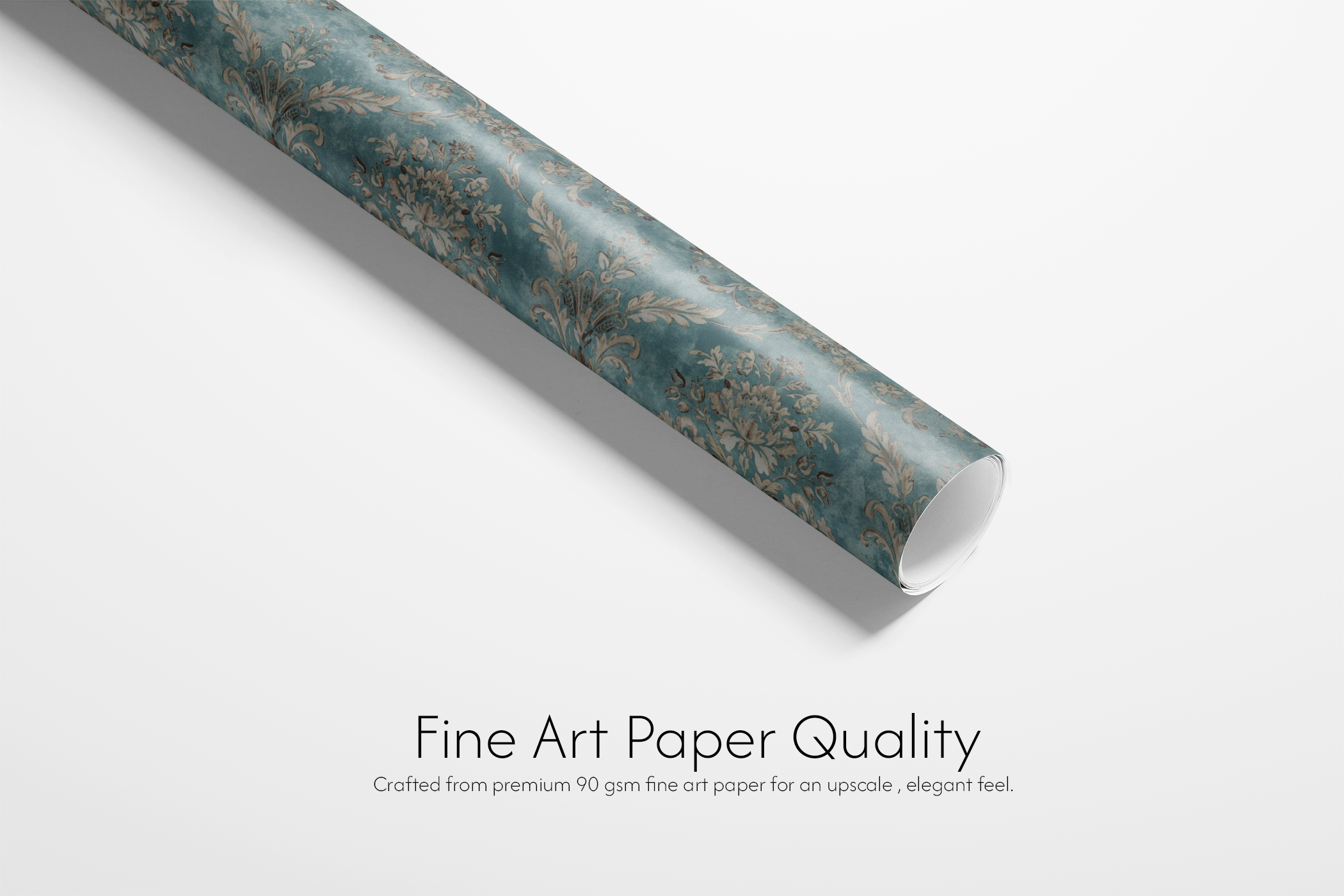 Alt Tag: Victorian Gift Wrap roll in antique teal with ornate baroque damask pattern, fine art paper quality