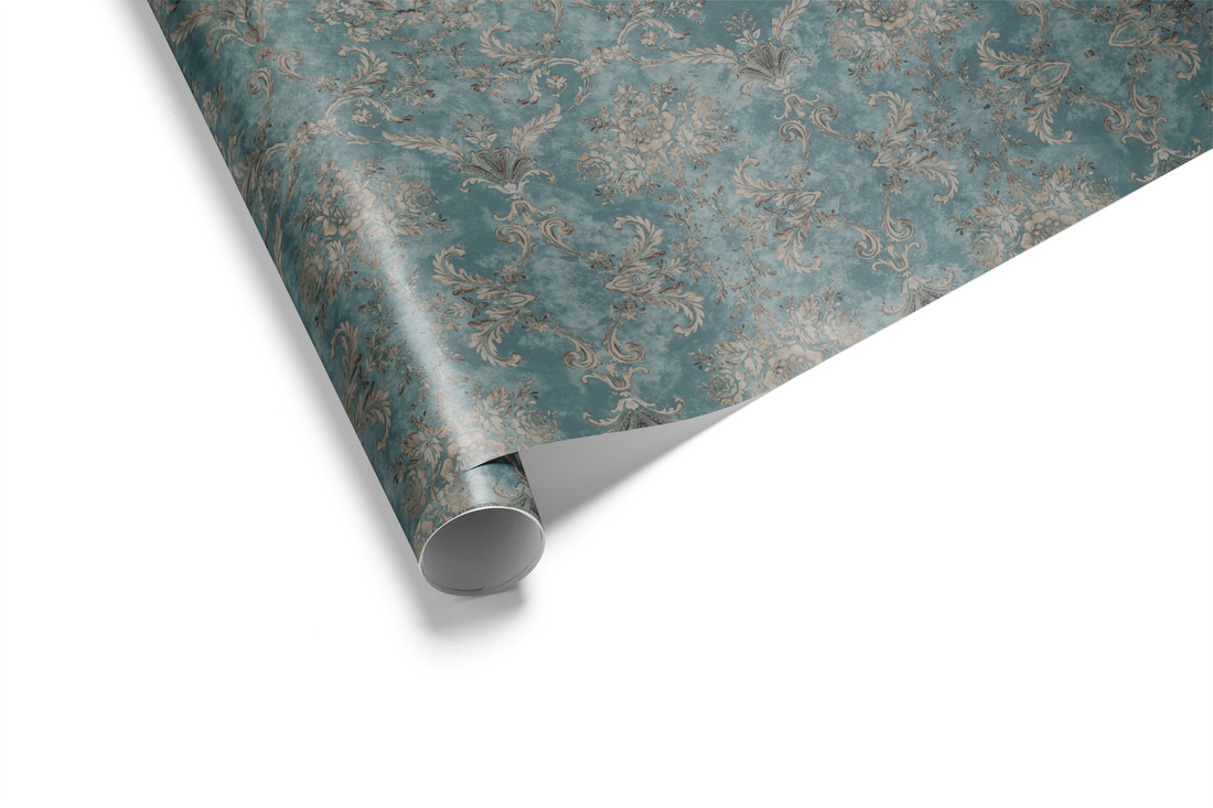 Alt Tag: Victorian Gift Wrap in antique teal with intricate baroque damask pattern, Drawing Room Darling roll