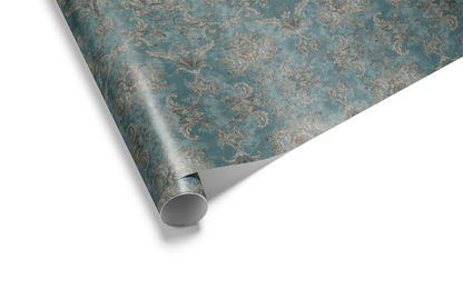 Alt Tag: Victorian Gift Wrap in antique teal with intricate baroque damask pattern, Drawing Room Darling roll