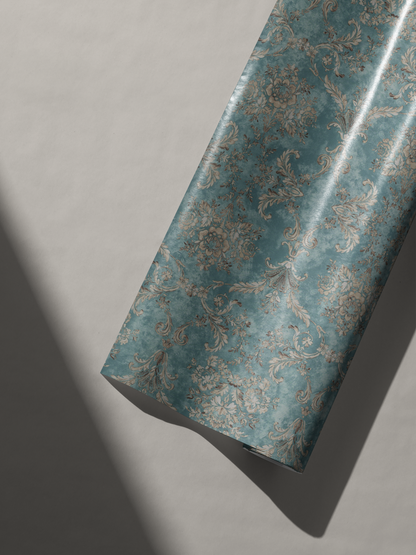 Alt Tag: Victorian Gift Wrap in antique teal with intricate baroque damask pattern, nostalgic drawing room style gift wrapping paper roll