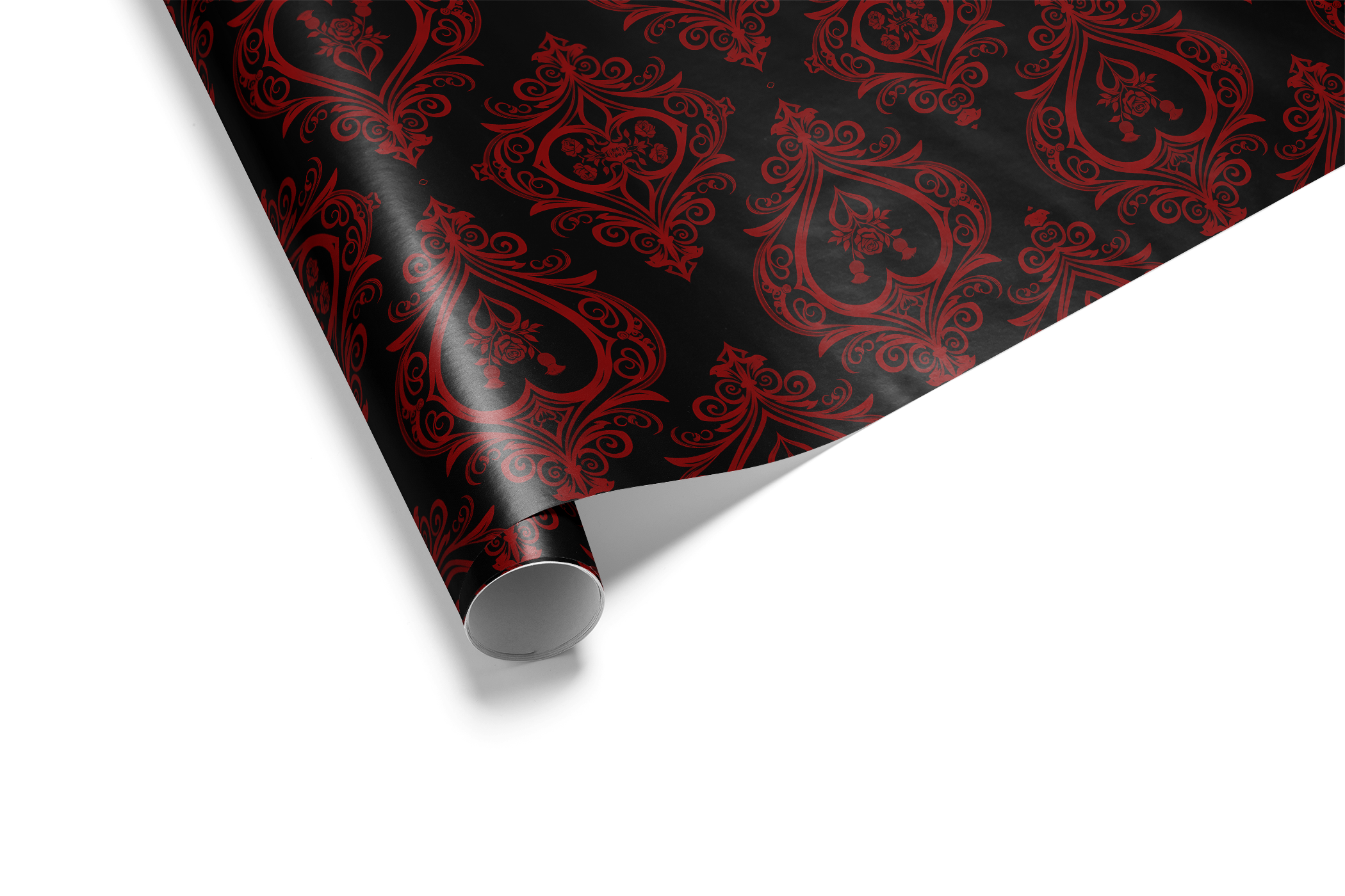 Alt Tag: Gothic Gift Wrap Dark Devotion black paper with crimson damask hearts and ornate rose detailing, rolled sheet close-up