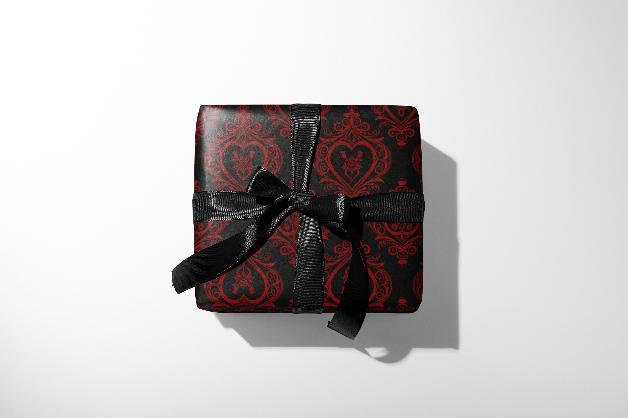 Alt Tag: Gothic Gift Wrap Dark Devotion in black with crimson damask hearts and black ribbon, romantic gothic gift wrapping paper