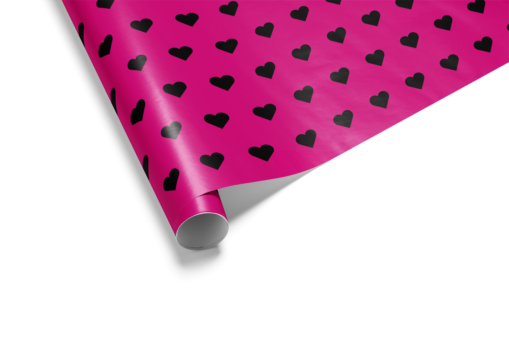 Alt Tag: Pink Heart Wrapping Paper roll in hot pink with black heart pattern, bold modern graphic gift wrap