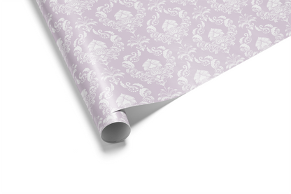 Alt Tag: Quiet Estate lavender damask wrapping paper roll with white ornate pattern on pale lavender background