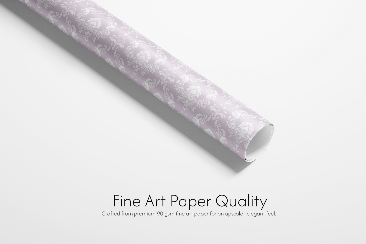 Alt Tag: Quiet Estate lavender damask wrapping paper roll, fine art paper quality, pale lavender with white ornate damask pattern