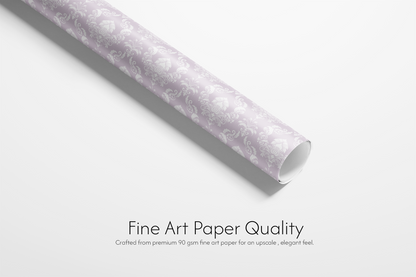 Alt Tag: Quiet Estate lavender damask wrapping paper roll, fine art paper quality, pale lavender with white ornate damask pattern