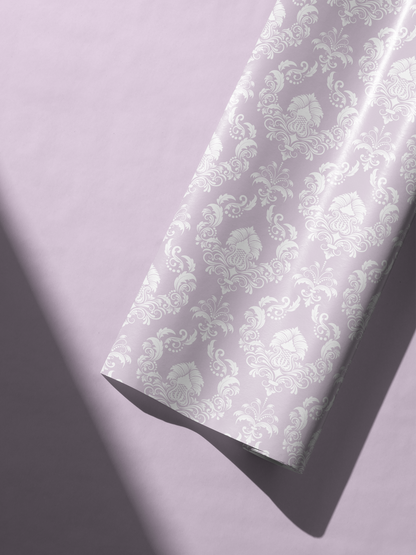 Alt Tag: Quiet Estate lavender damask wrapping paper with white intricate pattern on pale lavender background, elegant gift wrap roll