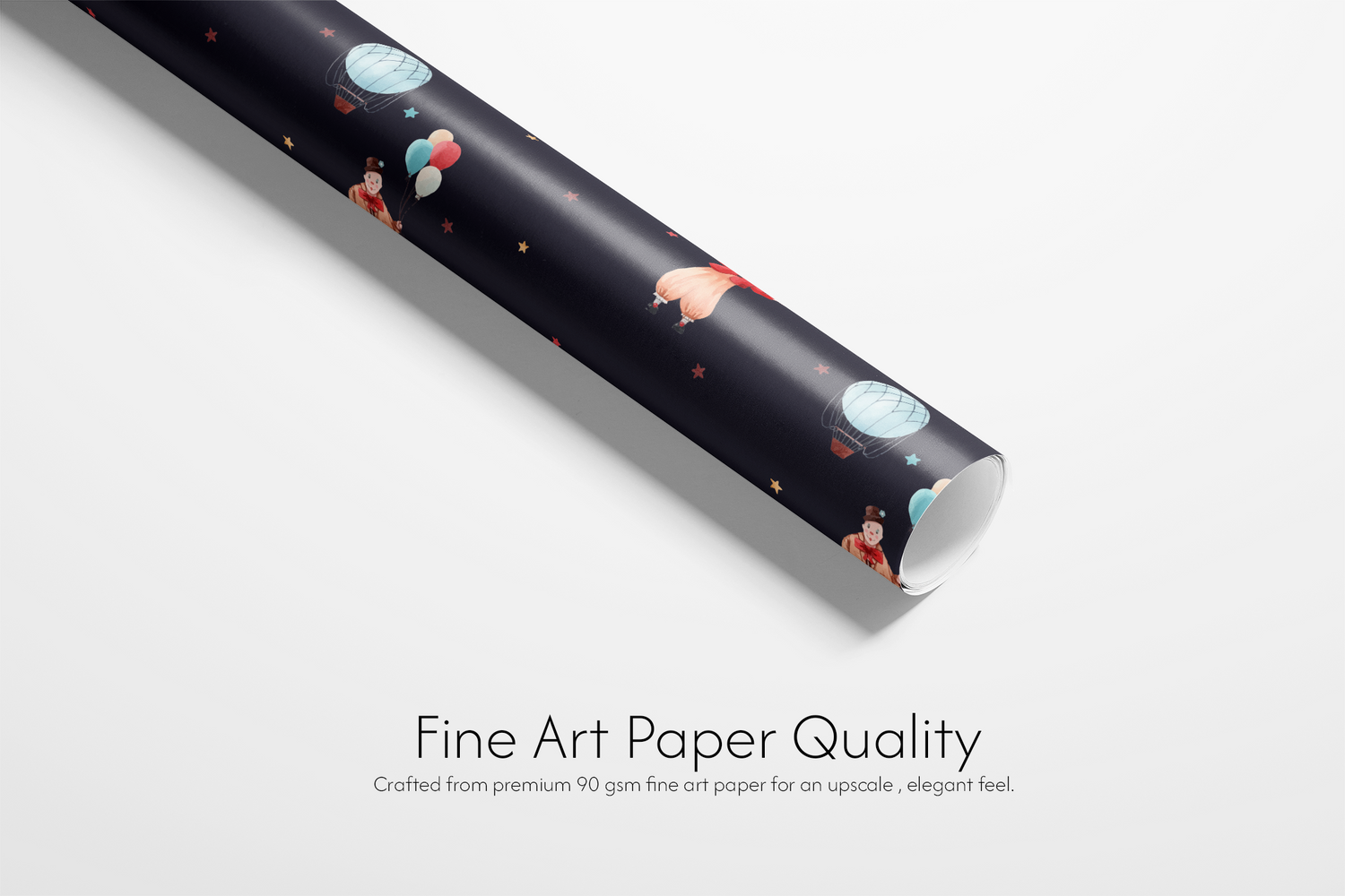 Alt Tag: Circus Wrapping Paper Midnight Spectacle roll with dark backdrop, hot air balloons, juggling performer, stars, fine art paper quality