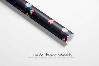 Alt Tag: Circus Wrapping Paper Midnight Spectacle roll with dark backdrop, hot air balloons, juggling performer, stars, fine art paper quality