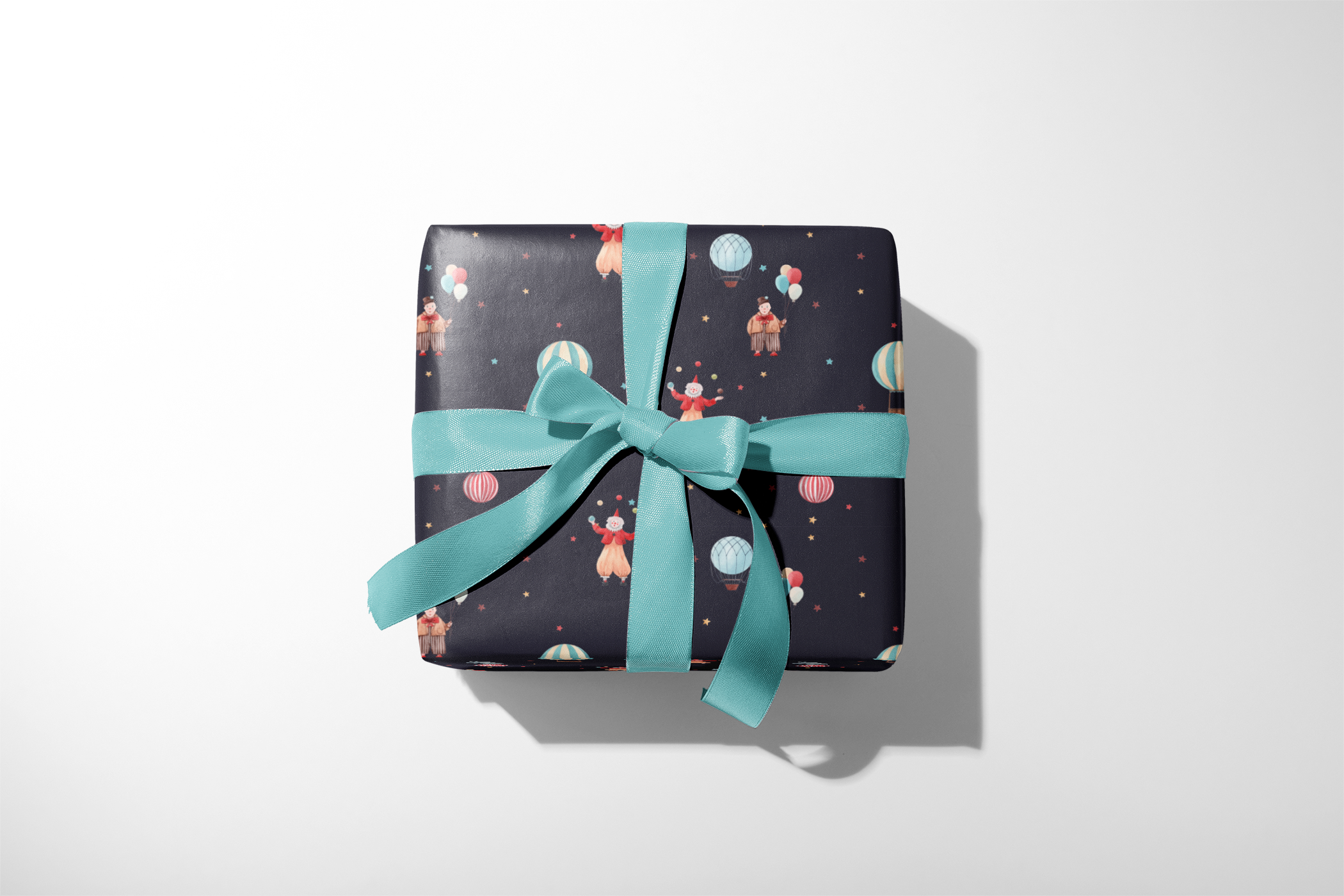 Alt Tag: Circus Wrapping Paper Midnight Spectacle gift wrap with circus balloons, performers and stars on black background, teal ribbon