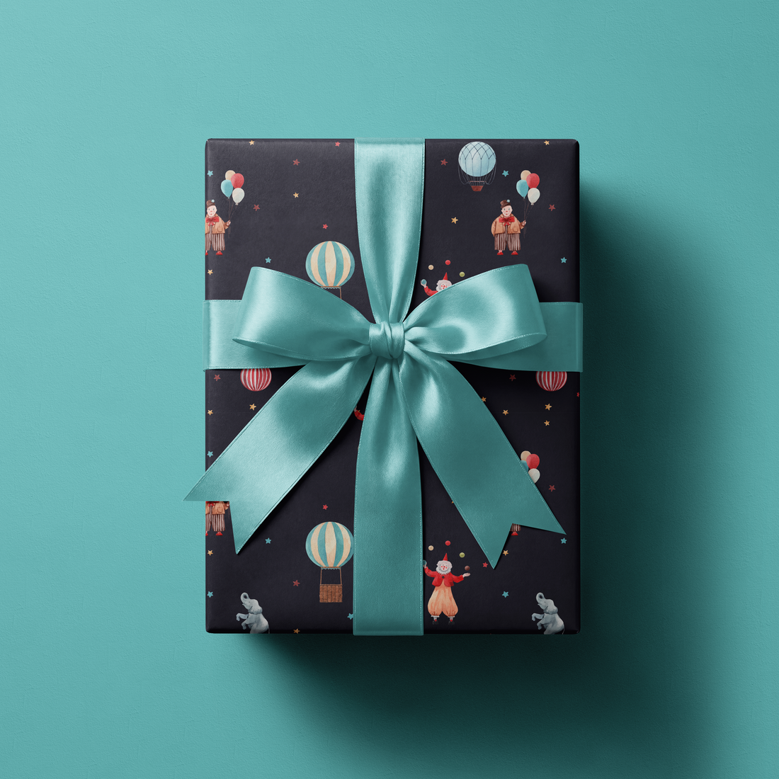 Alt Tag: Circus Wrapping Paper gift wrap in Midnight Spectacle design with hot air balloons, performers, elephants and stars on black background