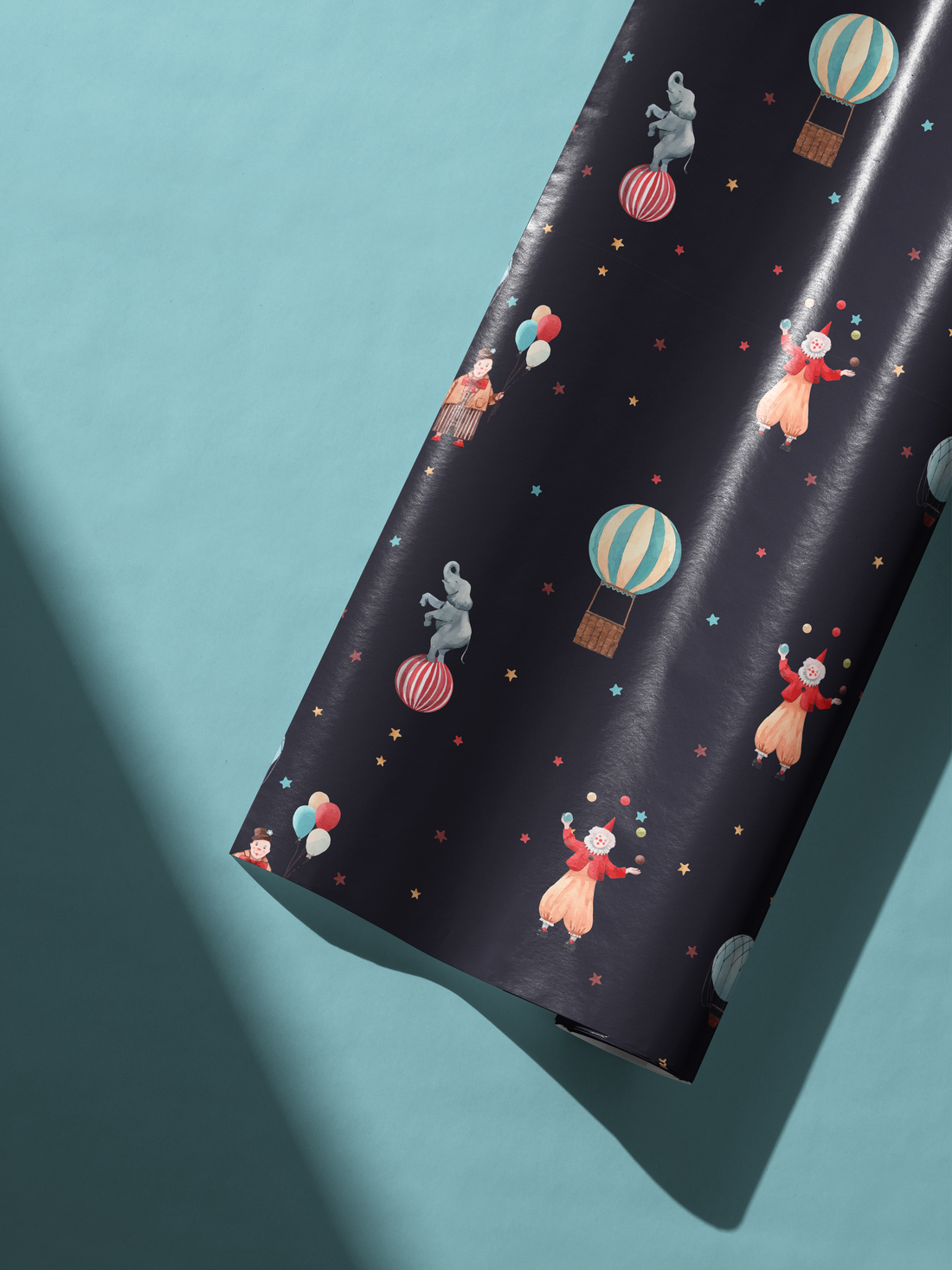 Alt Tag: Circus Wrapping Paper on midnight black background with elephants, hot air balloons, juggling clowns and stars