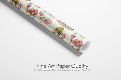 Alt Tag: Retro Christmas Wrapping Paper roll with mid-century Santa illustrations on warm neutral background, fine art paper quality