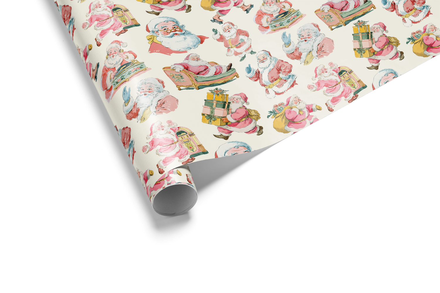 Alt Tag: Retro Christmas Wrapping Paper Saint Nick Revival with mid-century Santa illustrations on warm neutral background