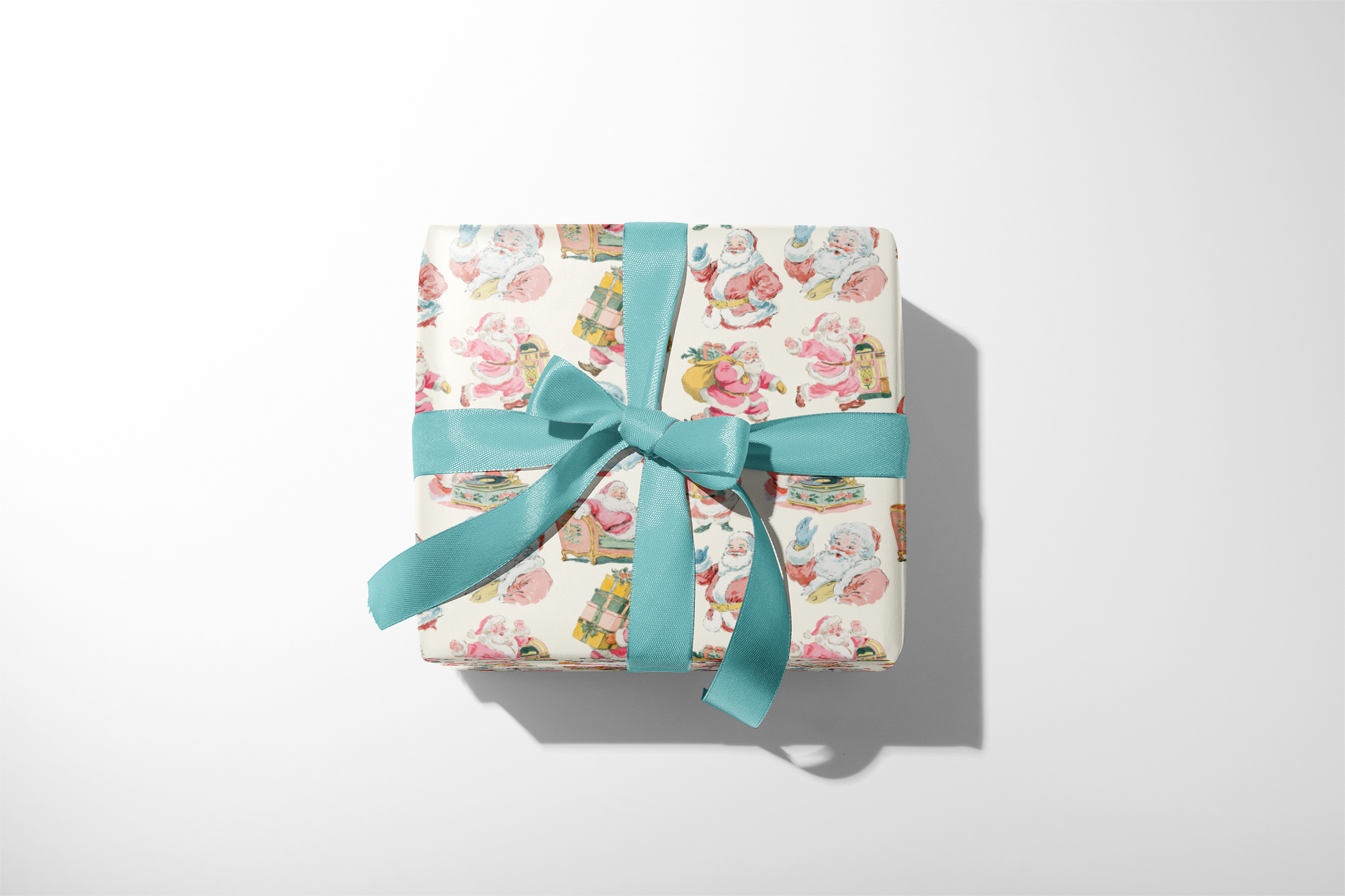 Alt Tag: Retro Christmas Wrapping Paper Saint Nick Revival with mid-century Santa illustrations, wrapped gift with teal ribbon