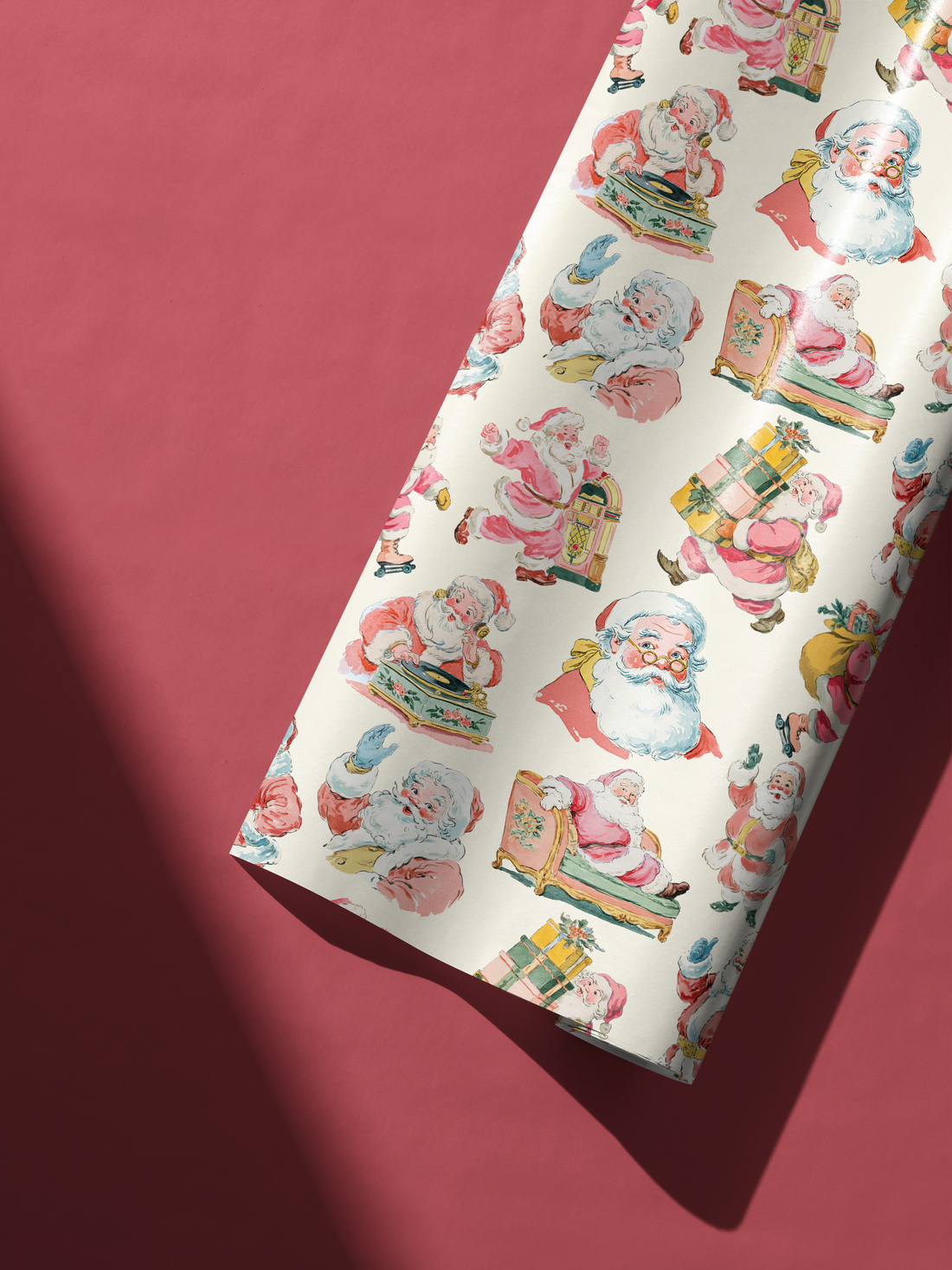 Alt Tag: Retro Christmas Wrapping Paper Saint Nick Revival featuring mid-century Santa illustrations on warm neutral background