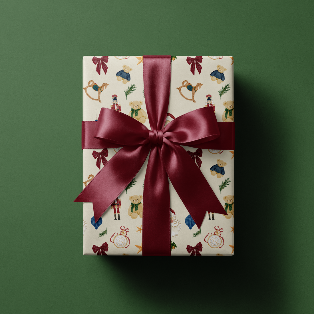 Alt Tag: Luxury Christmas Wrapping Paper December Manor gift wrap with classic holiday icons and burgundy satin ribbon bow