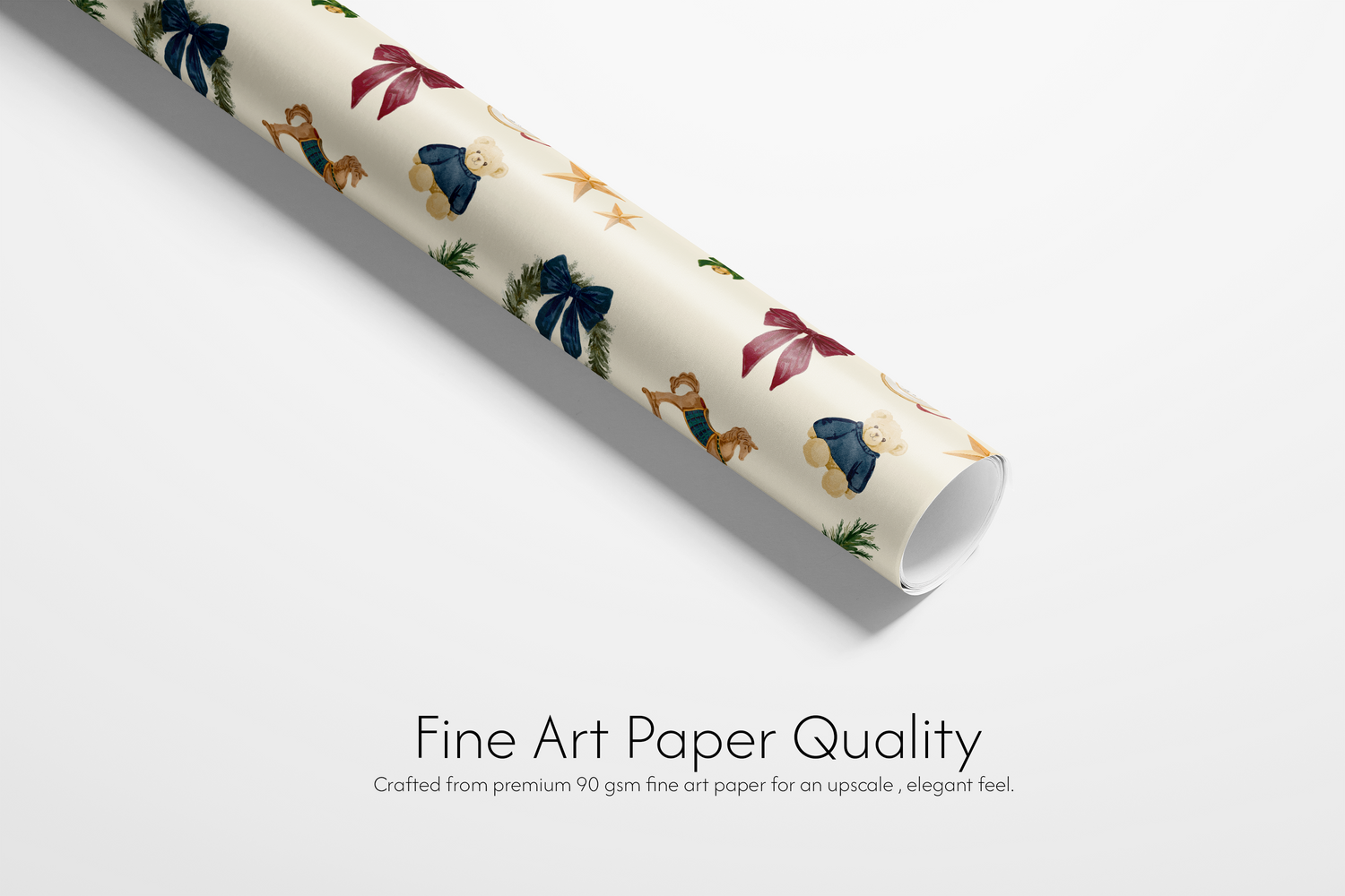 Alt Tag: December Manor Luxury Christmas Wrapping Paper roll with refined holiday icons, fine art paper quality, gold stars, bows, nutcracker