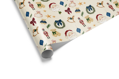 Alt Tag: December Manor Luxury Christmas Wrapping Paper featuring Santa, nutcracker, wreaths, rocking horse, bows, ornaments, gold stars