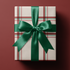 Alt Tag: Christmas Plaid Wrapping Paper in cream tartan registry design with deep red and green stripes, wrapped gift with green satin bow