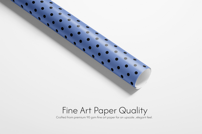 Alt Tag: Blue Polka Dot Wrapping Paper roll in crisp blue with evenly spaced micro black dots, fine art paper quality