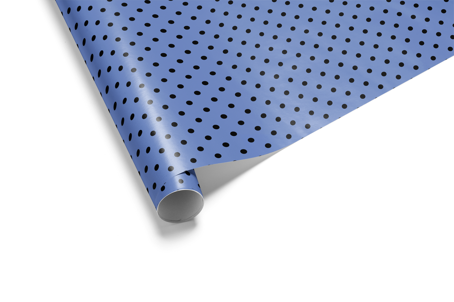 Alt Tag: Blue Polka Dot Wrapping Paper roll in crisp blue with evenly spaced micro black dots, modern minimalist gift wrap