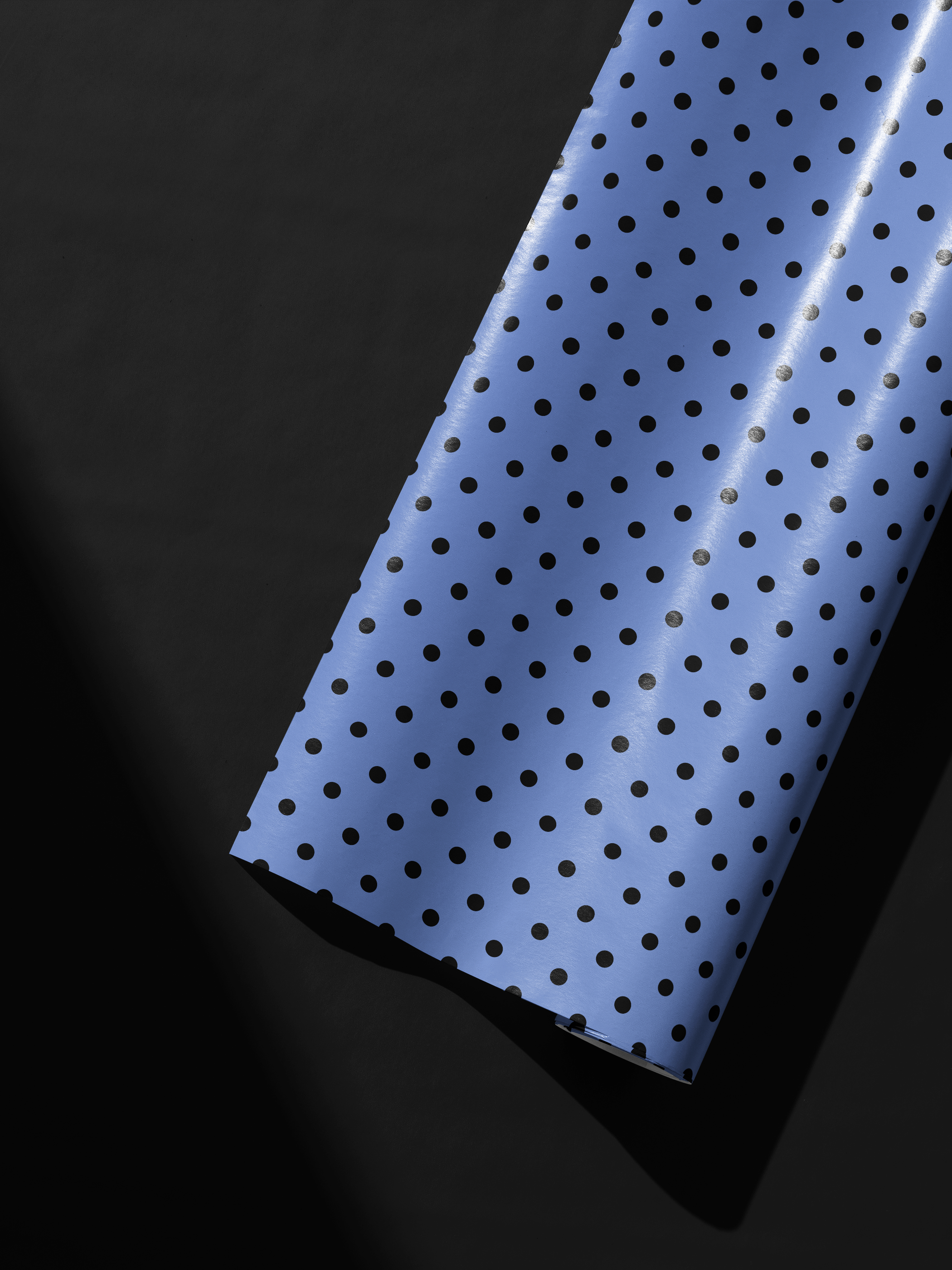 Alt Tag: Blue Polka Dot Wrapping Paper on crisp blue background with evenly spaced micro black dots, modern gift wrap roll