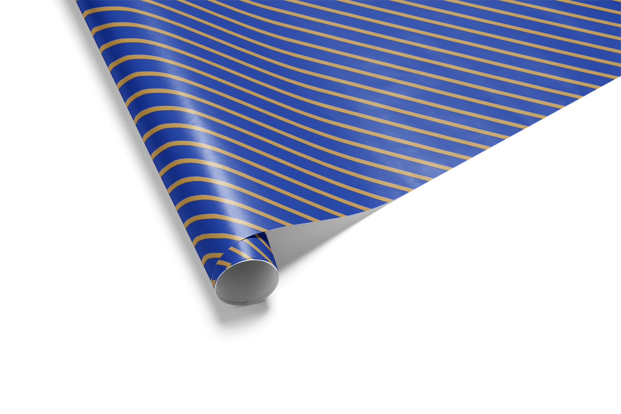 Alt Tag: Blue and Gold Wrapping Paper with royal blue base and thin gold diagonal stripes, The Sovereign gift wrap roll
