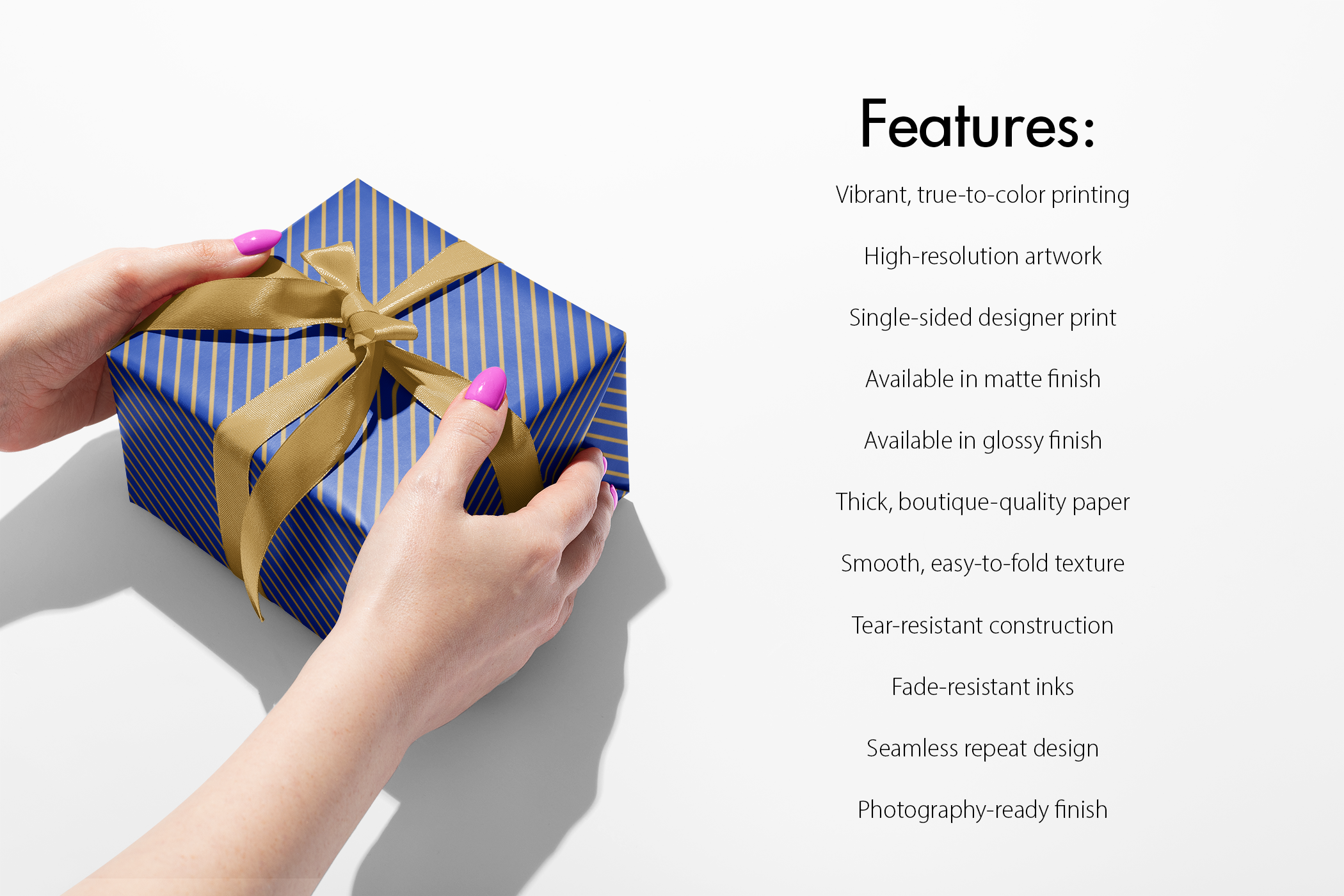 Alt Tag: Blue and Gold Wrapping Paper with royal blue diagonal stripes and gold lines on a gift box tied with a gold ribbon