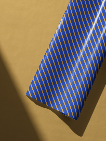 Blue and Gold Wrapping Paper with royal blue base and slim gold diagonal stripes, The Sovereign luxury gift wrap roll