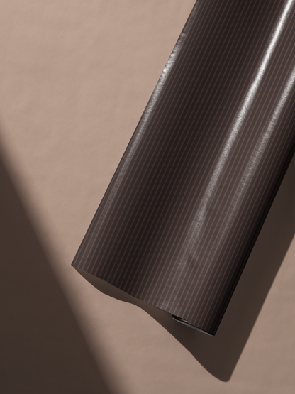 Alt Tag: Brown Striped Wrapping Paper roll in espresso brown with ultra-fine vertical pinstripes, tailored menswear-inspired gift wrap